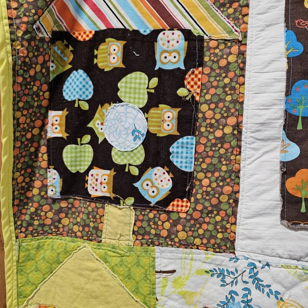 Handmade Baby Quilt Patchwork Owls Flowers Cotton Microfiber Back 48x40 Multi